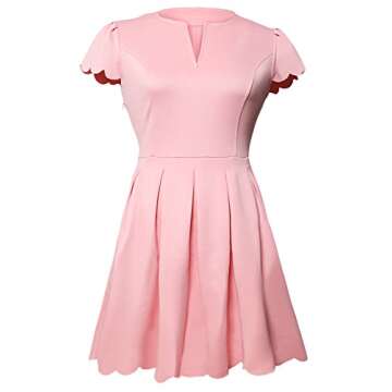 Sidefeel Women Short Sleeve Sweet Scallop Pleated Skater Dress Medium Pink