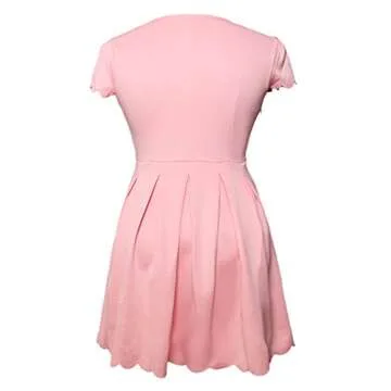 Sidefeel Women Short Sleeve Sweet Scallop Pleated Skater Dress Medium Pink