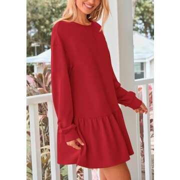 PRETTYGARDEN Womens Patchwork Sweatshirt Dress Spring Casual Long Sleeve Crewneck Pullover Cute Babydoll Mini Dresses (Red,Small)