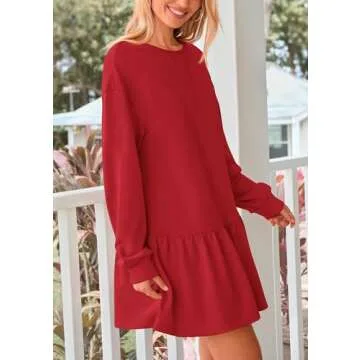 PRETTYGARDEN Womens Patchwork Sweatshirt Dress Spring Casual Long Sleeve Crewneck Pullover Cute Babydoll Mini Dresses (Red,Small)