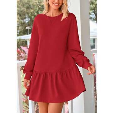 PRETTYGARDEN Womens Patchwork Sweatshirt Dress Spring Casual Long Sleeve Crewneck Pullover Cute Babydoll Mini Dresses (Red,Small)