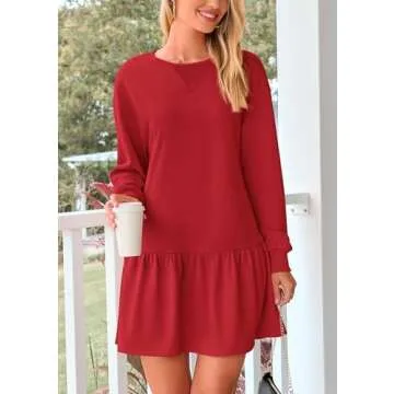 PRETTYGARDEN Womens Patchwork Sweatshirt Dress Spring Casual Long Sleeve Crewneck Pullover Cute Babydoll Mini Dresses (Red,Small)