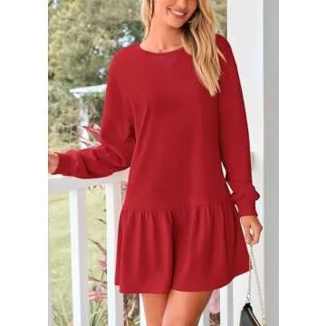 PRETTYGARDEN Womens Patchwork Sweatshirt Dress Spring Casual Long Sleeve Crewneck Pullover Cute Babydoll Mini Dresses (Red,Small)