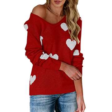 Tutorutor Womens Sexy V Neck Drop Shoulder Pullover Sweaters Oversized Cute Heart Love Print Knitted...