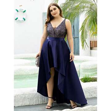 Ever-Pretty Women's Plus Size Sequin V-Neck High-Low A-line Evening Dress Prom Gowns Navy Blue US18