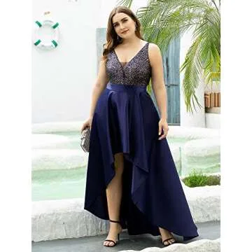 Ever-Pretty Women's Plus Size Sequin V-Neck High-Low A-line Evening Dress Prom Gowns Navy Blue US18