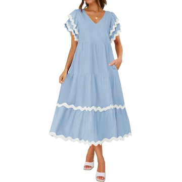 ZESICA Womens 2025 Summer Casual Midi Dress V Neck Flutter Short Sleeve Ruffle Tiered A Line Flowy B...