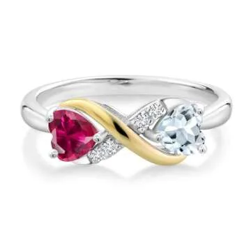 Gem Stone King 925 Sterling Silver and 10K Yellow Gold Red Created Ruby Sky Blue Aquamarine and White Lab Grown Diamond Ring For Women (1.06 Cttw, Gemstone Birthstone, 5MM Heart Shape) (Size 5)