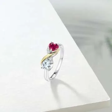 Gem Stone King 925 Sterling Silver and 10K Yellow Gold Red Created Ruby Sky Blue Aquamarine and White Lab Grown Diamond Ring For Women (1.06 Cttw, Gemstone Birthstone, 5MM Heart Shape) (Size 5)