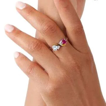 Gem Stone King 925 Sterling Silver and 10K Yellow Gold Red Created Ruby Sky Blue Aquamarine and White Lab Grown Diamond Ring For Women (1.06 Cttw, Gemstone Birthstone, 5MM Heart Shape) (Size 5)