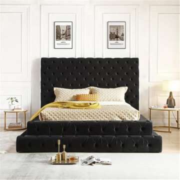 Velvet Upholstered Queen Bed - Eleonora in Black