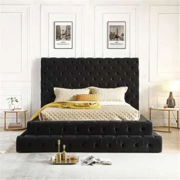 Velvet Upholstered Queen Bed - Eleonora in Black