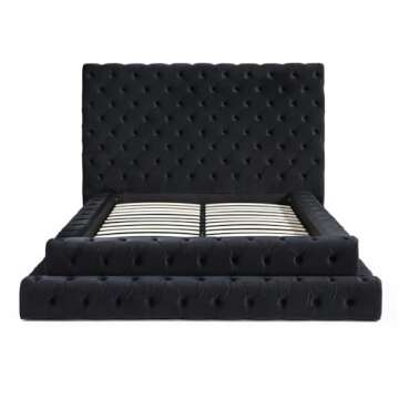 Velvet Upholstered Queen Bed - Eleonora in Black