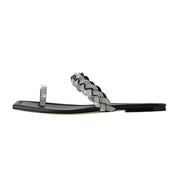 LISHAN Women's Mules Toe Ring Sparkly Rhinestones Studded Slip On Summer Flats Sandals Square Open S...