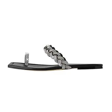 LISHAN Women's Mules Toe Ring Sparkly Rhinestones Studded Slip On Summer Flats Sandals Square Open S...