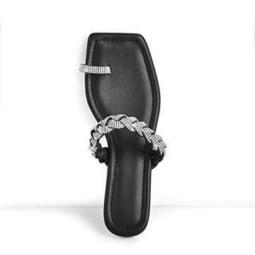 LISHAN Women's Mules Toe Ring Sparkly Rhinestones Studded Slip On Summer Flats Sandals Square Open Split Toe Slingback Backless Diamonds Weave Strap Slipper Casual Fashion Slides Sandals Black Size 12