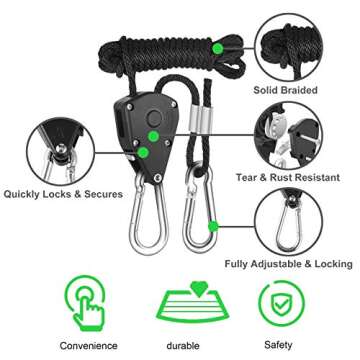 Rope Clip Hanger, 6 Packs 1/8 in Reinforced Adjustable Height Anti-Loose Design Gears Clip for Growi...