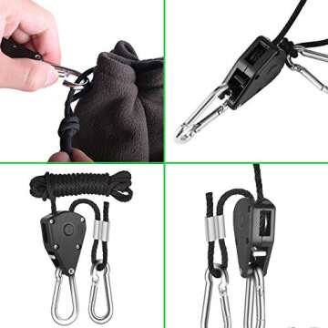 Rope Clip Hanger, 6 Packs 1/8 in Reinforced Adjustable Height Anti-Loose Design Gears Clip for Growing Light Fixtures, Hanging Plants, 8 FT Length 150lbs Weight Capacity