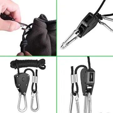 Rope Clip Hanger, 6 Packs 1/8 in Reinforced Adjustable Height Anti-Loose Design Gears Clip for Growing Light Fixtures, Hanging Plants, 8 FT Length 150lbs Weight Capacity