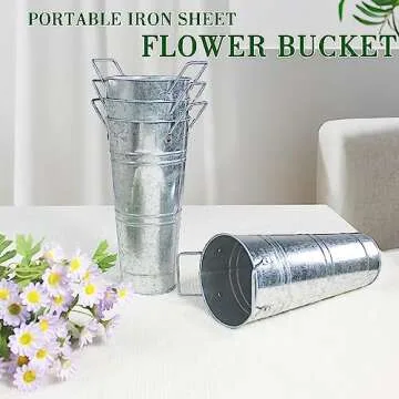 YEENAASY Galvanized Metal Bucket Vases Set of 8, 9 Inch Farmhouse French Flower Buckets Pots with Handles, Rustic Decorative Metal Holder Flower Vase for Home Wedding Table Centerpiece Decor (Silver)