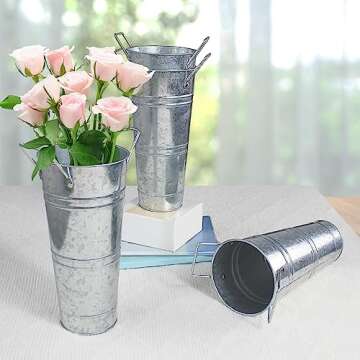 YEENAASY Galvanized Metal Bucket Vases Set of 8, 9 Inch Farmhouse French Flower Buckets Pots with Handles, Rustic Decorative Metal Holder Flower Vase for Home Wedding Table Centerpiece Decor (Silver)