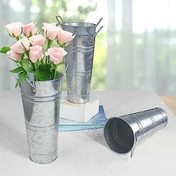YEENAASY Galvanized Metal Bucket Vases Set of 8, 9 Inch Farmhouse French Flower Buckets Pots with Handles, Rustic Decorative Metal Holder Flower Vase for Home Wedding Table Centerpiece Decor (Silver)