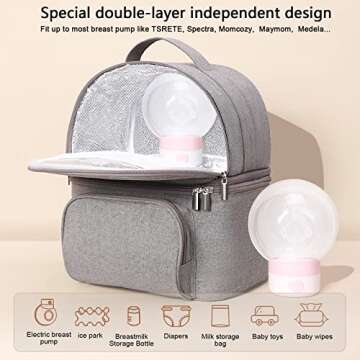 TSRETE Breast Pump Bag, Breastmilk Cooler Bag with Ice Packs, Double Layer Detachable Baby Bottle Bag for Working & Traveling Breastfeeding Moms