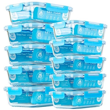 C CREST Glass Meal Prep Containers, [10 Pack] Glass Food Storage Containers with Lids, Airtight Glass Bento Boxes, BPA Free & Leak Proof (10 Lids & 10 Containers)