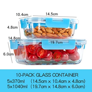 C CREST Glass Meal Prep Containers, [10 Pack] Glass Food Storage Containers with Lids, Airtight Glass Bento Boxes, BPA Free & Leak Proof (10 Lids & 10 Containers)
