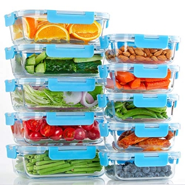 C CREST Glass Meal Prep Containers, [10 Pack] Glass Food Storage Containers with Lids, Airtight Glass Bento Boxes, BPA Free & Leak Proof (10 Lids & 10 Containers)