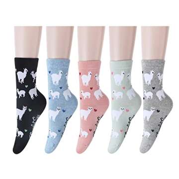 Benefeet Sox Womens Novelty Funny Crew Socks Girls Cute Llama Socks Colorful Vintage Flower Patterned Designed Socks Silly Cartoon Animal Dress Socks Ladies Ankle Socks Christmas Gifts(Alpaca-5Pack)