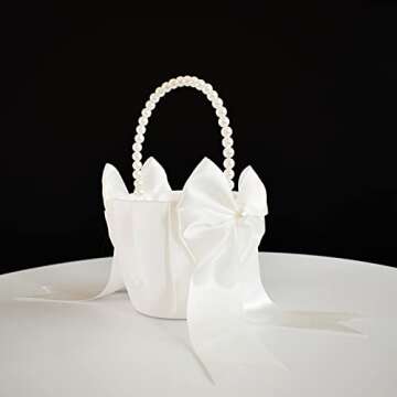 ATAILOVE Flower Girl Basket with Pearl Handle - Ivory Satin Wedding Decor