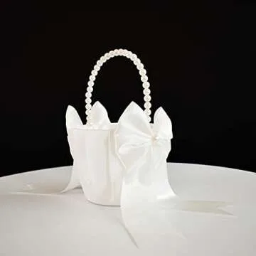ATAILOVE Flower Girl Basket with Pearl Handle - Ivory Satin Wedding Decor