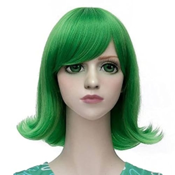 Anogol Hair Cap+Short Green Wavy Cosplay Wig - Ideal for Halloween