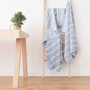 LinenMe Blue/White Linen Multi Stripe Bath Towel - Elegant & Eco-Friendly