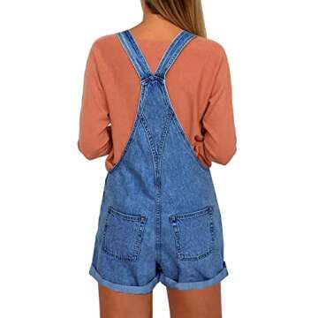 Vetinee Women's Dark Blue Classic Adjustable Straps Cuffed Hem Denim Bib Overall Shorts
