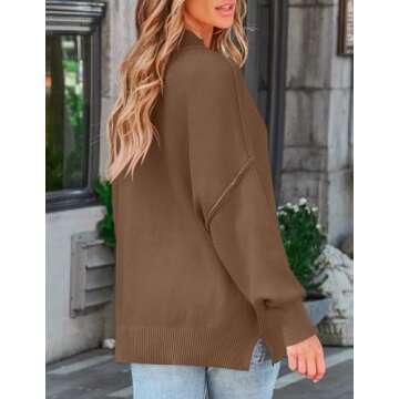 ZESICA Women's Fall Casual Long Sleeve Crew Neck Side Slit Oversized Ribbed Knit Pullover Sweater Tops,Coffee,Small