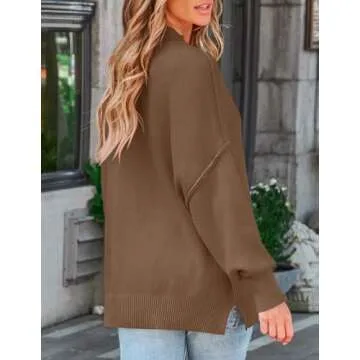ZESICA Women's Fall Casual Long Sleeve Crew Neck Side Slit Oversized Ribbed Knit Pullover Sweater Tops,Coffee,Small