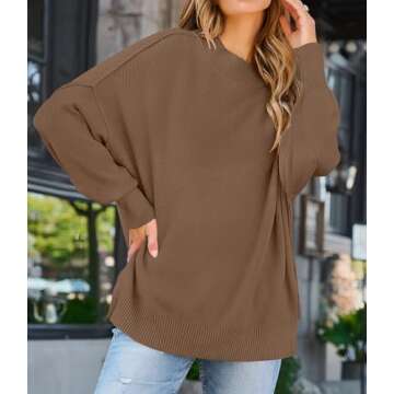ZESICA Women's Fall Casual Long Sleeve Crew Neck Side Slit Oversized Ribbed Knit Pullover Sweater Tops,Coffee,Small