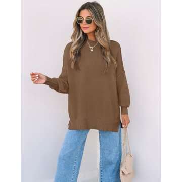 ZESICA Women's Fall Casual Long Sleeve Crew Neck Side Slit Oversized Ribbed Knit Pullover Sweater Tops,Coffee,Small