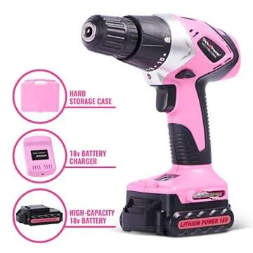 Pink Power PP181LI 18 Volt Lithium-Ion Cordless Electric Drill Driver Kit for Women- Tool Case, Drill Set, Battery & Charger