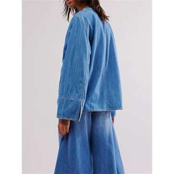 Miqil Women Y2k Tie Front Denim Jacket Casual Vintage Relax Fit Long Sleeve Classic Jean Shirt with ...