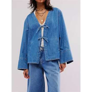 Miqil Women Y2k Tie Front Denim Jacket Casual Vintage Relax Fit Long Sleeve Classic Jean Shirt with Pockets 2024 Fall Outfits