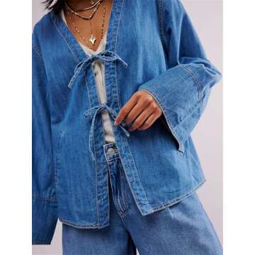 Miqil Women Y2k Tie Front Denim Jacket Casual Vintage Relax Fit Long Sleeve Classic Jean Shirt with Pockets 2024 Fall Outfits