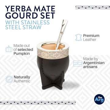 THEARG | Yerba Mate Gourd Set with Stainless Steel Straw | Handmade Leather Yerba Mate Cup and Bombi...