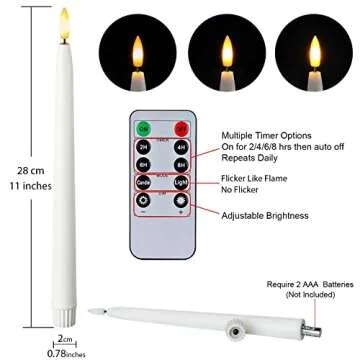 Homemory 11 inches Waxy Battery Operated Taper Candles with Remote Timer Dimmer, 6 Pcs Flameless Taper Candles with Flickering Flame, White Candlesticks Battery Powered for Ceremony Memorial Decor