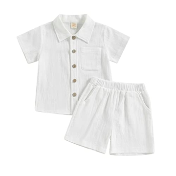 Hoanselay Baby Boy Cotton Linen Shorts Set - Summer Button Down Outfit (White, 6-12 Months)