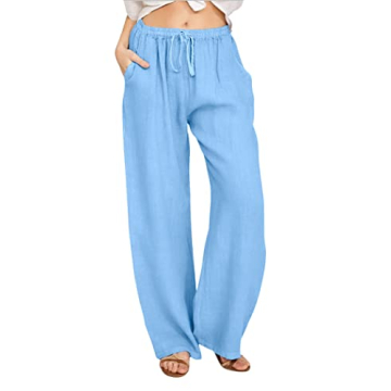 CHARTOU Women's Summer Drawstring Waist Wide Leg Loose Cotton Linen Palazzo Pants (Large, Light Blue...