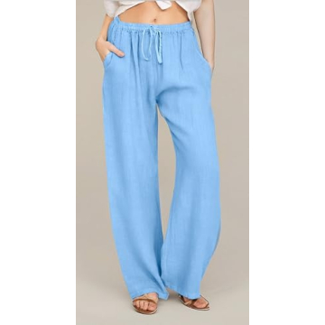 CHARTOU Women's Summer Drawstring Waist Wide Leg Loose Cotton Linen Palazzo Pants (Large, Light Blue)