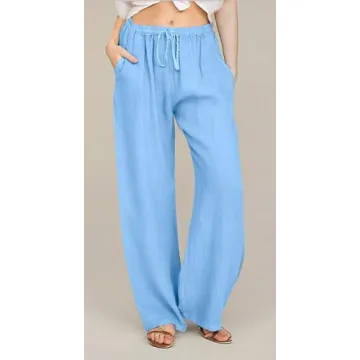 CHARTOU Women's Summer Drawstring Waist Wide Leg Loose Cotton Linen Palazzo Pants (Large, Light Blue)